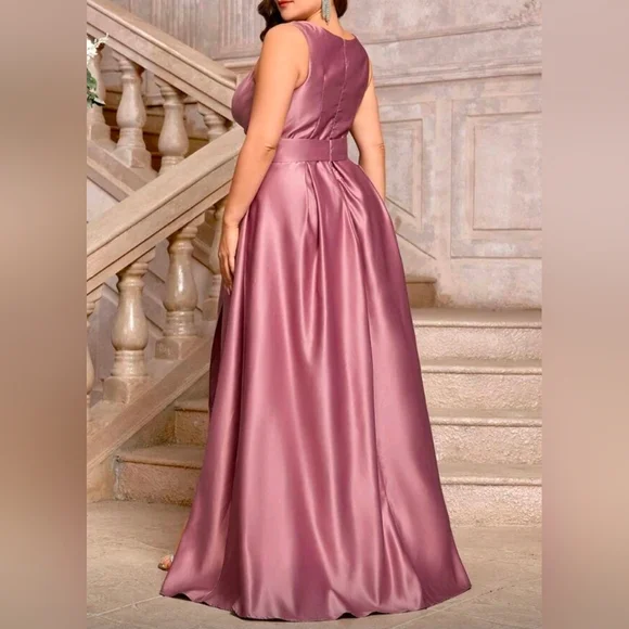 New Luxe Wrap Top Belted Maxi Dress PLUS Split Hem Sleeveless Pink